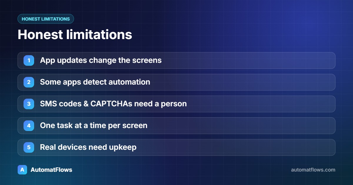 Honest limitations — App updates change the screens, Some apps detect automation, SMS codes & CAPTCHAs need a person, One task at a time per screen, Real devices need upkeep
