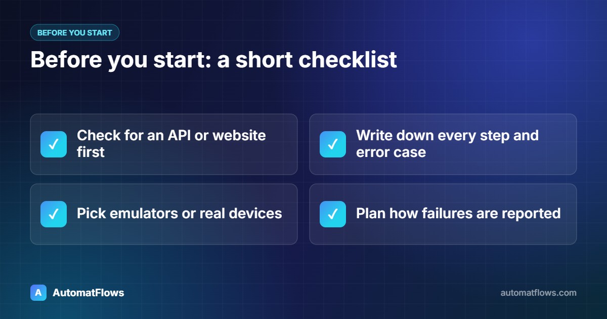 Before you start: a short checklist — Check for an API or website first, Write down every step and error case, Pick emulators or real devices, Plan how failures are reported