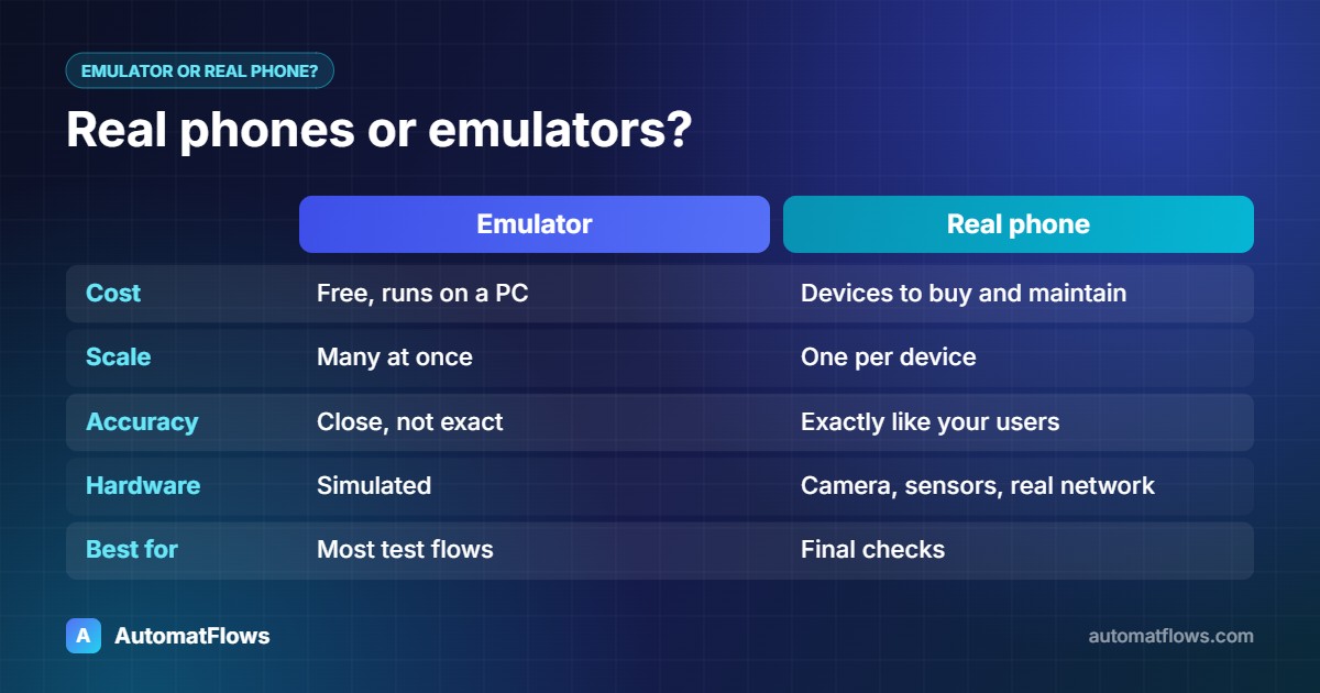 Real phones or emulators? — Emulator vs Real phone compared: Cost, Scale, Accuracy, Hardware, Best for