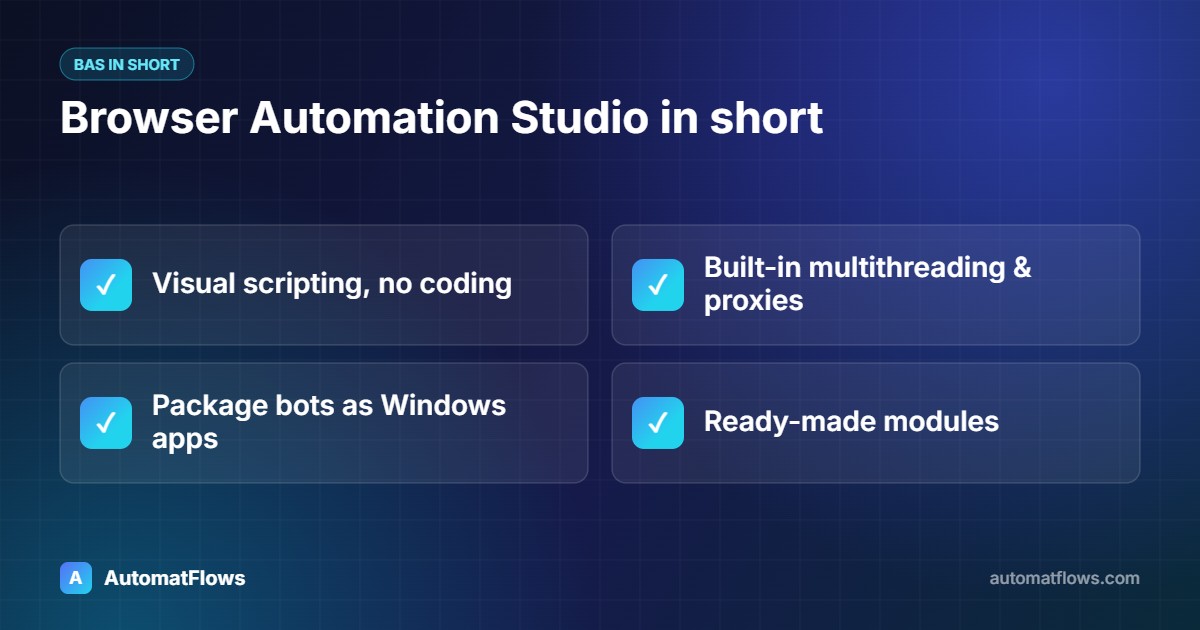 Browser Automation Studio in short — Visual scripting, no coding, Built-in multithreading & proxies, Package bots as Windows apps, Ready-made modules