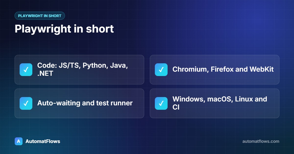 Playwright in short — Code: JS/TS, Python, Java, .NET, Chromium, Firefox and WebKit, Auto-waiting and test runner, Windows, macOS, Linux and CI