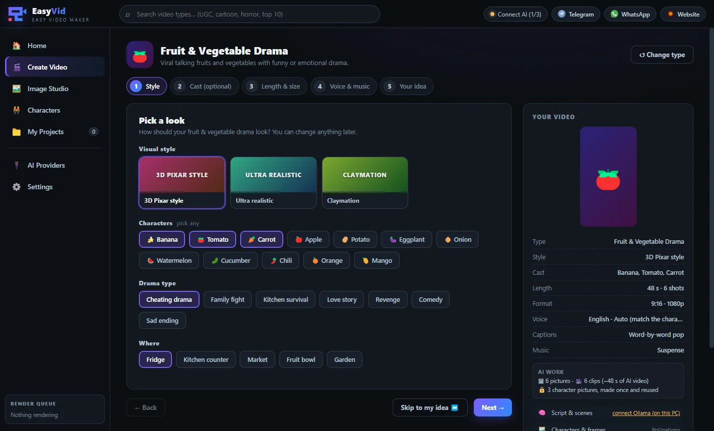 EasyVid video style and character options for a fruit and vegetable drama