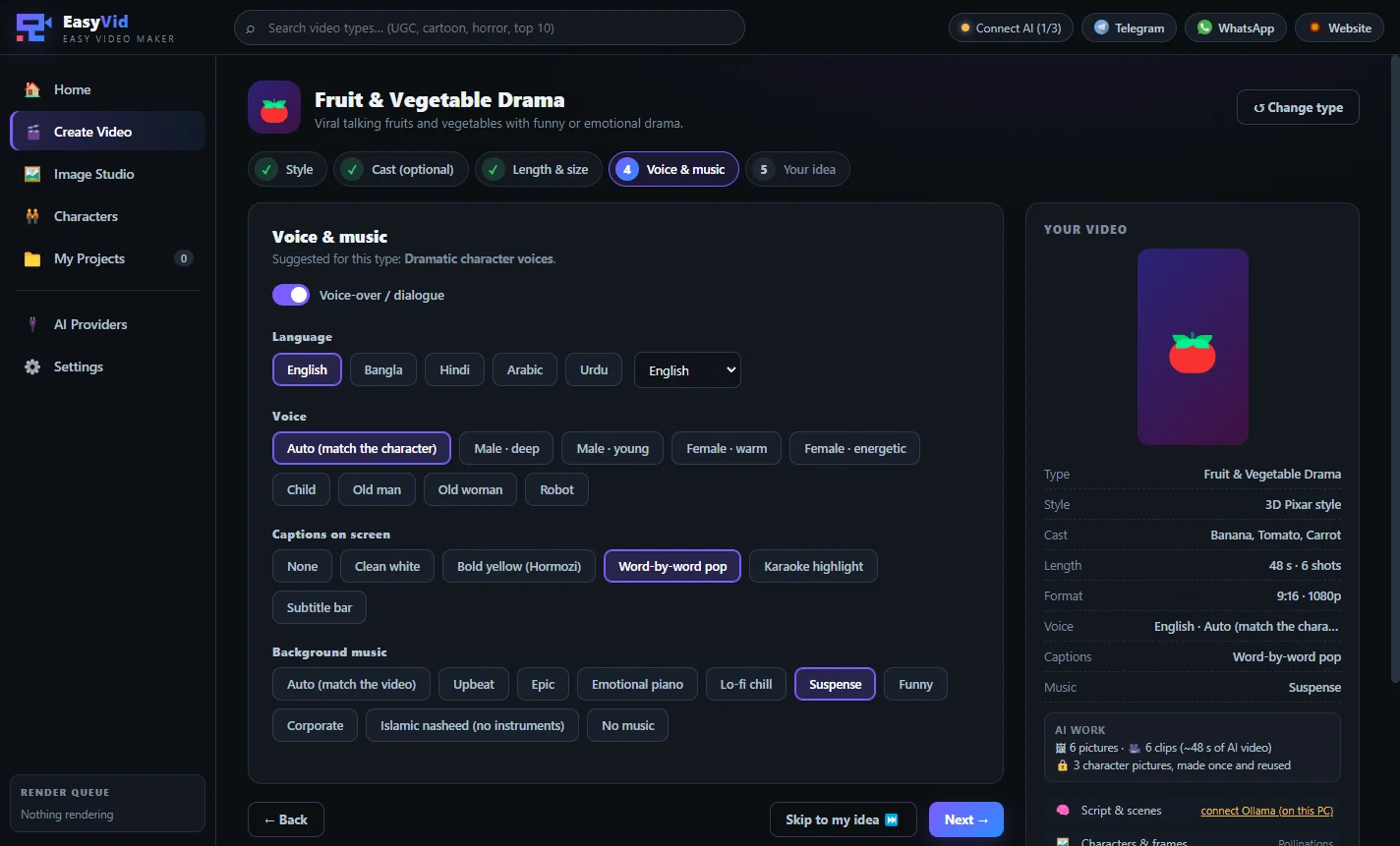 EasyVid voice-over languages, caption styles and background music settings