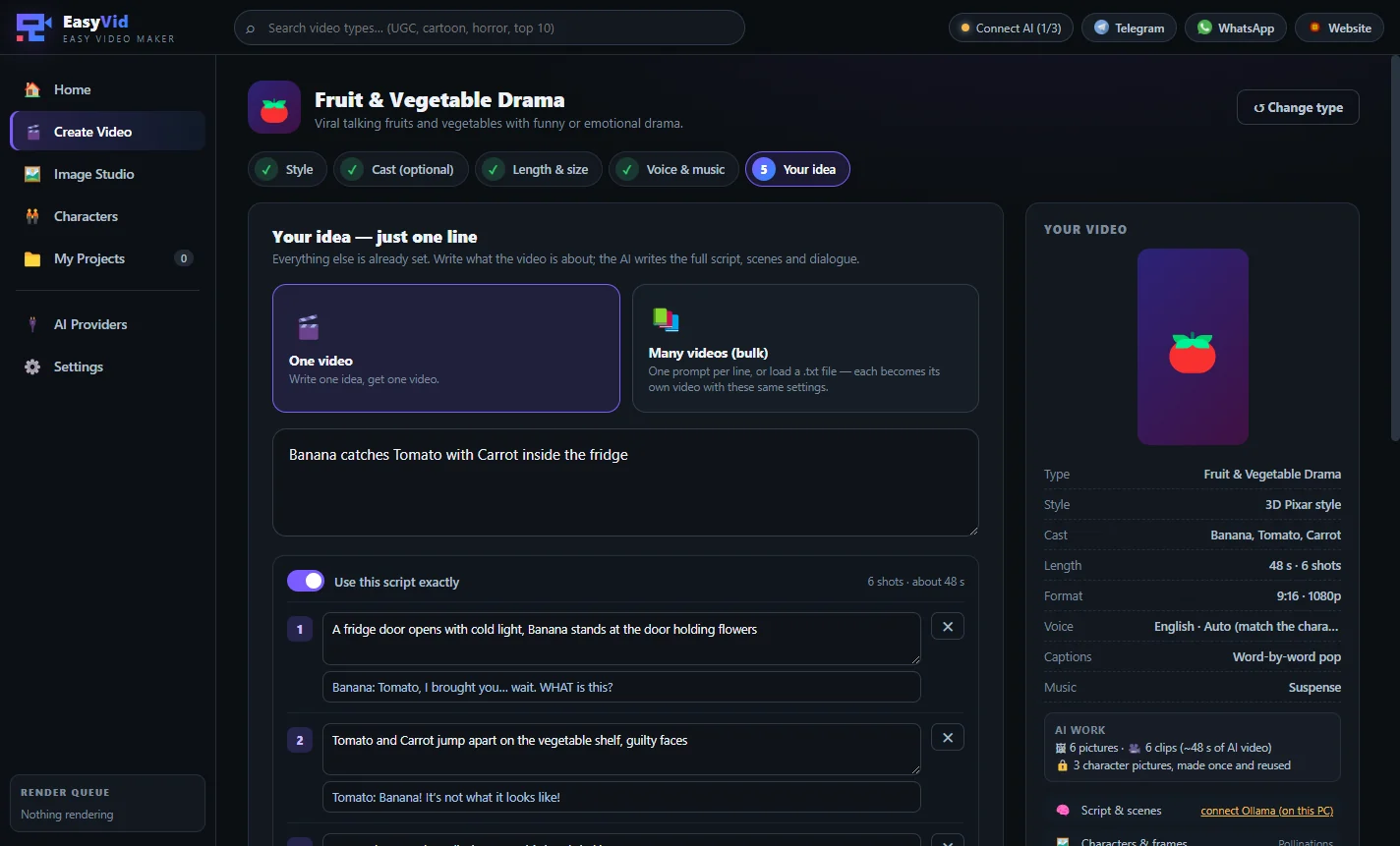 EasyVid one-line video idea, bulk mode and shot-by-shot script editor