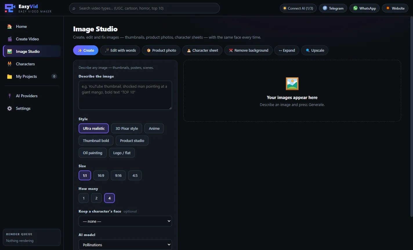 EasyVid Image Studio for thumbnails, product photos and character sheets