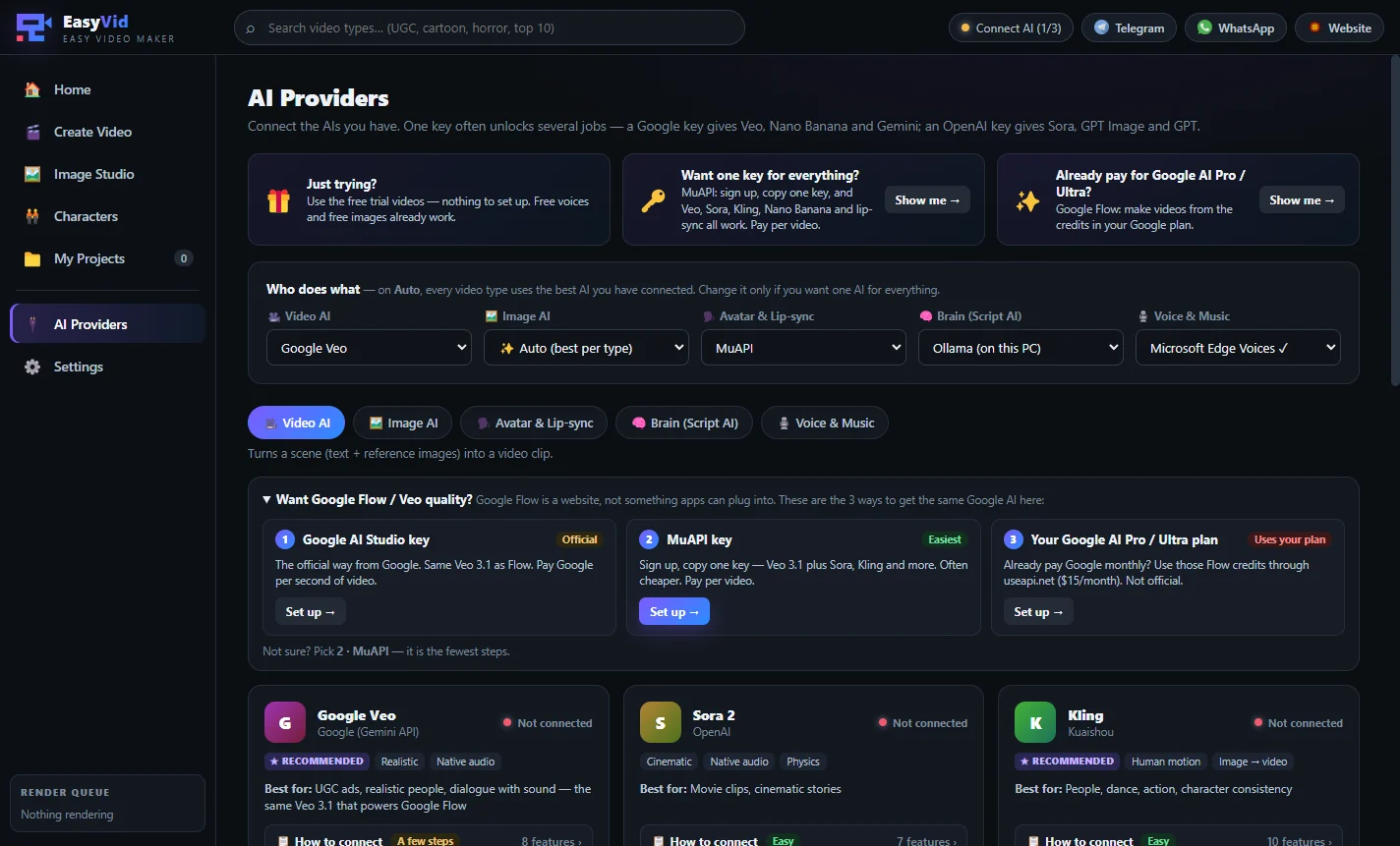 EasyVid AI providers: Google Veo, Sora 2, Kling and more