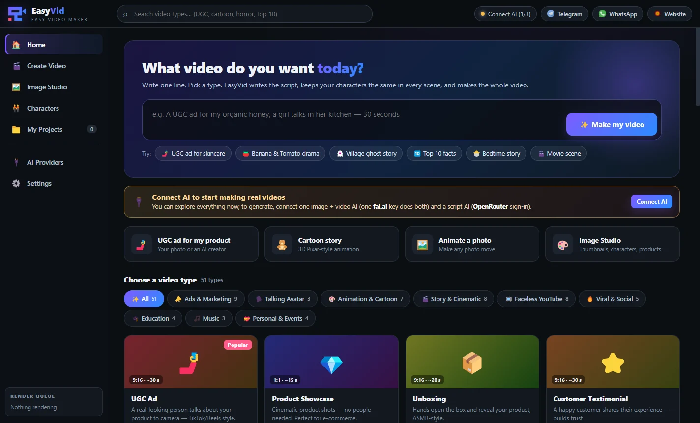 EasyVid AI video maker home screen with 51 ready video types
